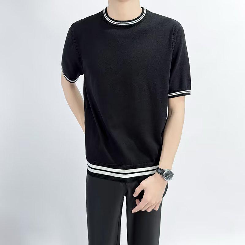 Men's Summer Slim Fit Knitted Sweater Tee - Korean Style Round Neck Short Sleeve Casual Top