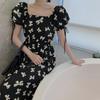 Women's Summer New Short-sleeved French Printed Bow with Waist-exposed Slim Design Niche Skirt