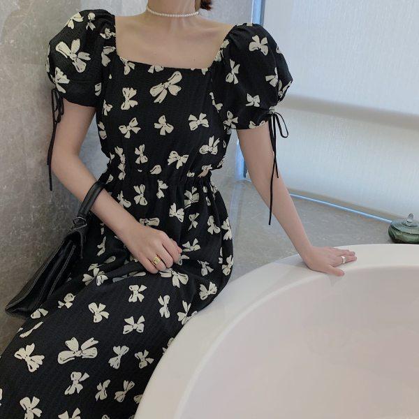 Women's Summer New Short-sleeved French Printed Bow with Waist-exposed Slim Design Niche Skirt