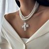 Practical Pearls Embellished Elegant Gold Crosses Necklace Decoration for Women with Layer Statement Pieces Pendant