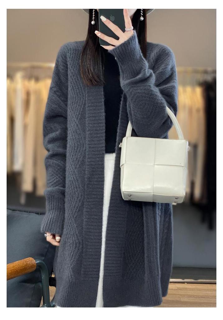 Women's 2023 Mid-Length Pure Wool Cardigan Coat - Loose, Thick Knit Sweater
