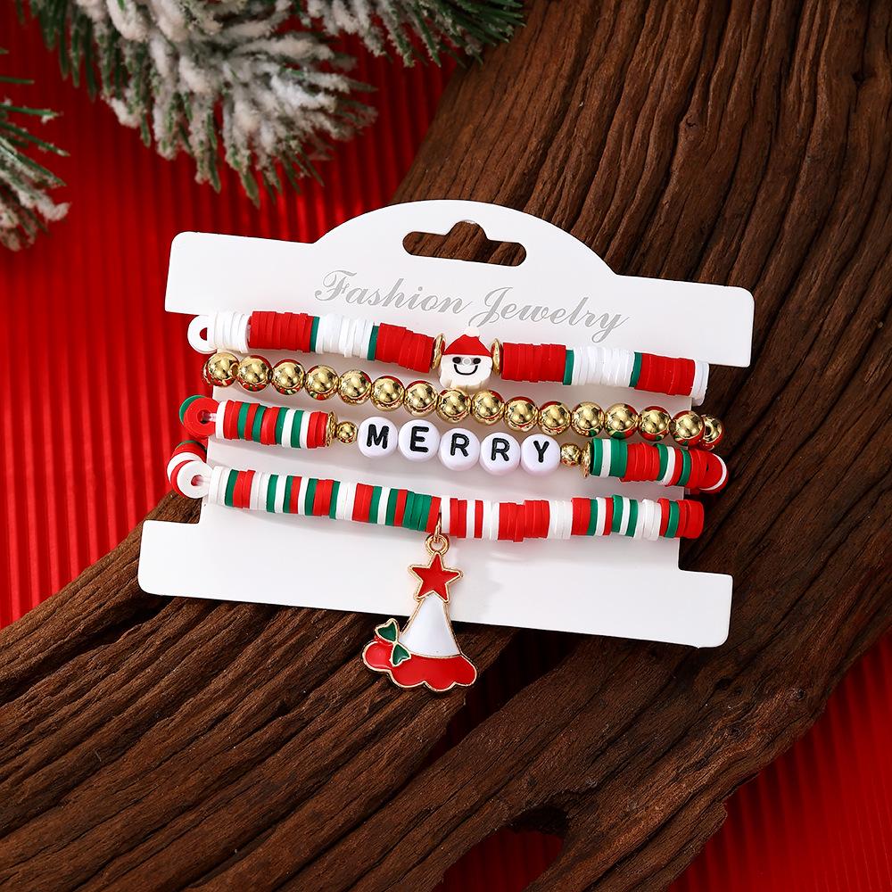 Christmas Letter Polymer Clay Bracelet Set: Colorful Beads and Tree Charms