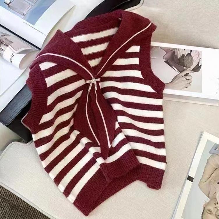 New Chic Korean Fashion Striped Waistcoat Knitted Vintage Sweaters Women Autumn Winter Casual Lady Vests