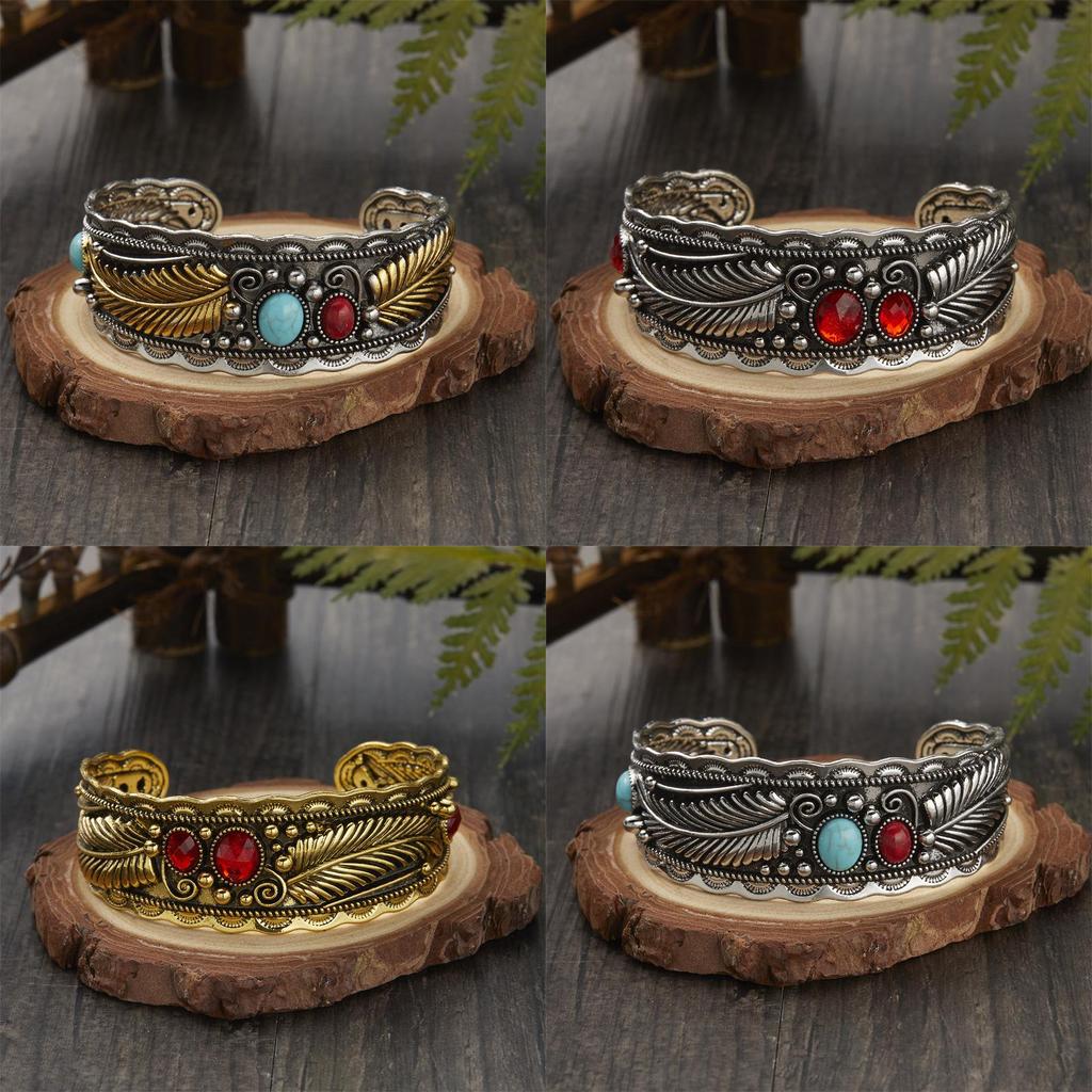 Style Oval Turquoise Bracelet With Vintage Two Tone Leaf Design For Women