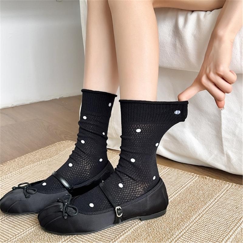 Womens Japanese Vintage Dots Pattern Cotton Middle Tube Calf Socks Hollow Out Breathable Mesh Thin Roll Cuffs Crew Socks