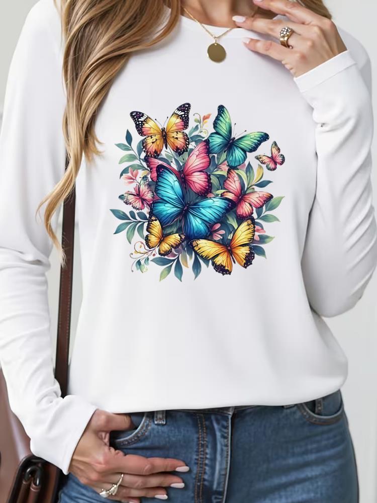 (Asian Size) butterfly style trend Casual Fashion Print T Shirt Tee Women Clothing autumn winter spring Top o-neck Graphic Long Sleeve T-shirts