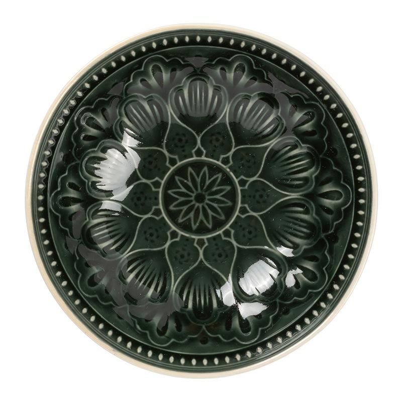 Retro Style Green Pattern Ceramic Bowl Household Tableware Salad Bowl Round Noodle Bowl Restaurant Vegetable Bowl Bowl