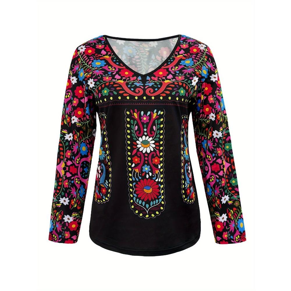 Retro ethnic style print women's casual v-neck long-sleeved T-shirt