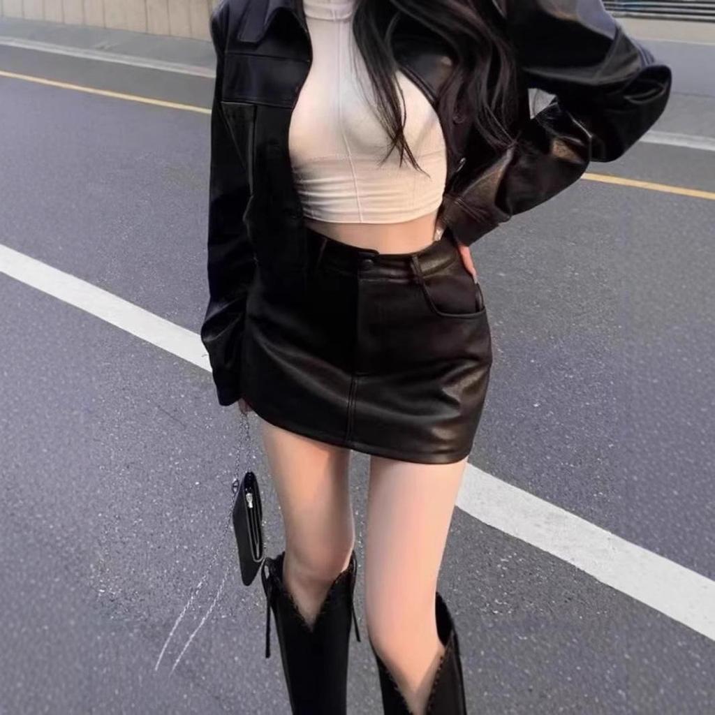 American Hot Girl High-Waist Black PU Leather Bodycon Midi Skirt - Women's European & American Style
