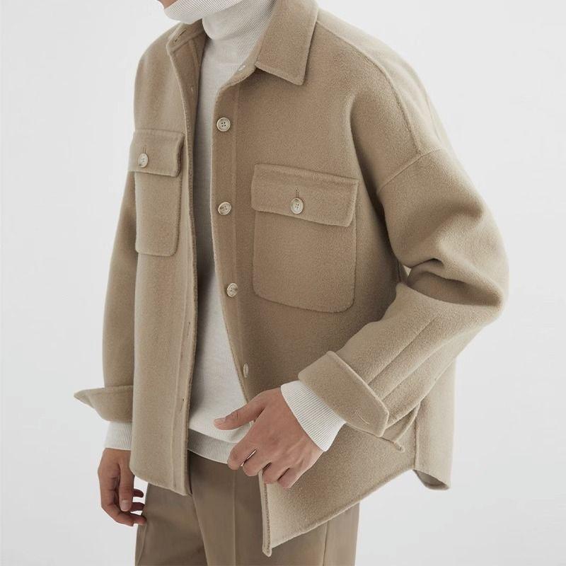 Men's Khaki Korean-Style Wool Coat: Autumn/Winter Loose Fit, Double-Sided Pocket Jacket