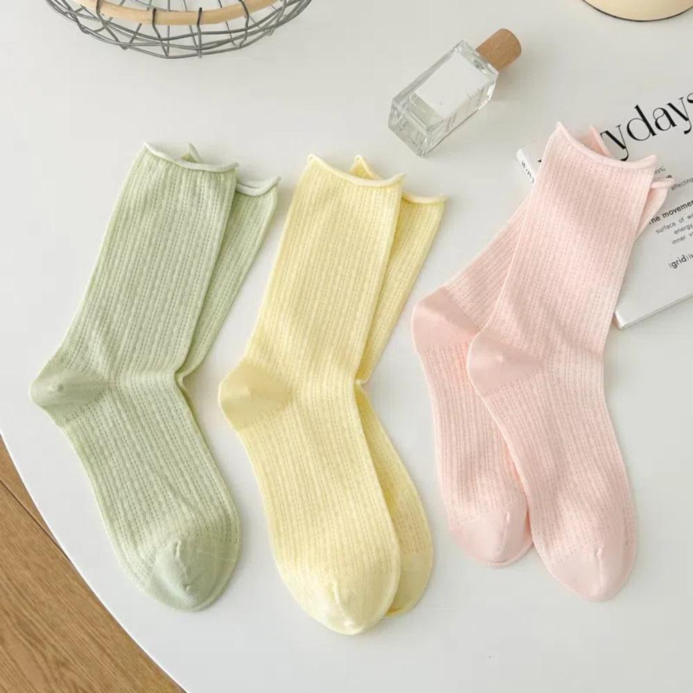 Candy Color Summer Socks Hollow Out Roll Edge Socks Sweet Long Socks  Women