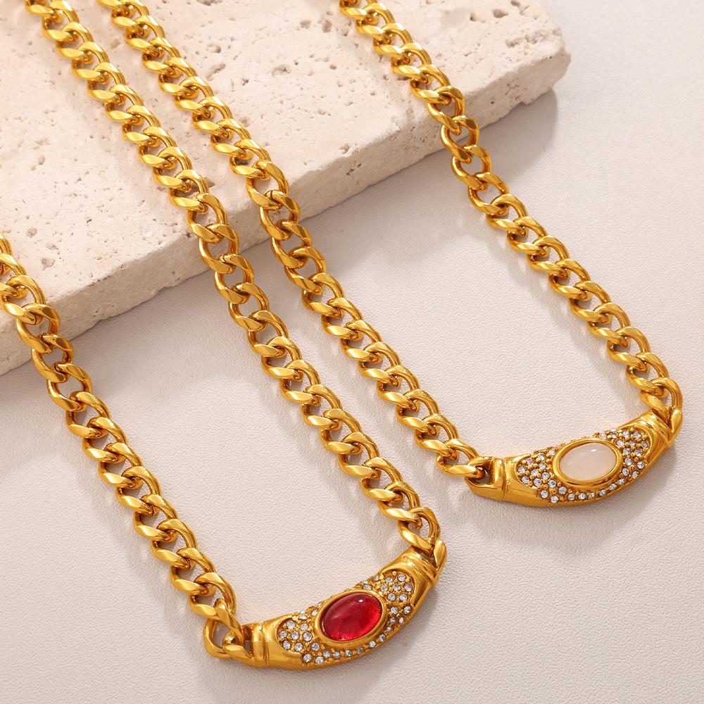 Premium Sense Inlaid Opal Necklace Retro Style Medieval Geometric Collarbone Choker Chain