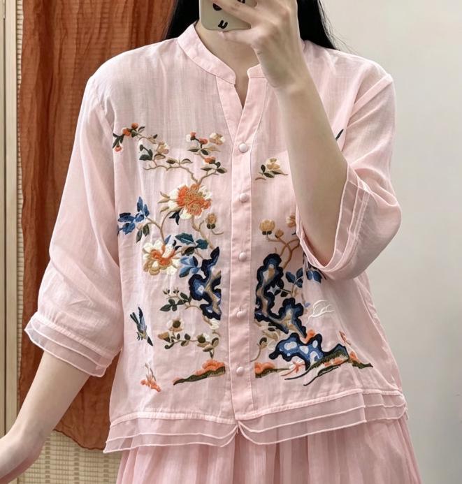 2023 Summer High-End Cotton Linen Frog Button Embroidered Blouse