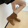 Fashion Fashionable Pleated Boots - Women's 2025 New Winter Belted Flat Nude Boots - Large Size Retro Round Toe Slimming Short Boots