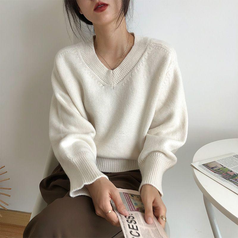 Women's Autumn & Winter French V-Neck Sweater Japanese Lazy Style Retro High-End Knit Top Outer Wear