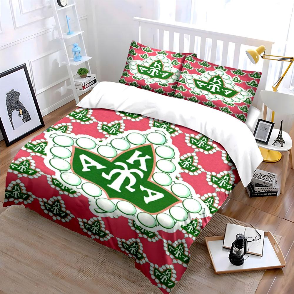 3Pcs AKA Ivy Pearl Diamond Bedding SetPink Green Sorority Logo Print Duvet Cover 2 Pillowcases Single Double King QueenGift