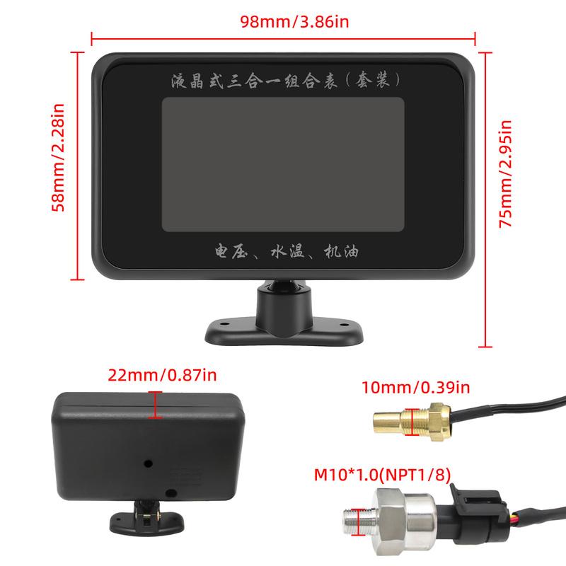 3 In1 Car LCD Digital Water Temprature For Car Truck 12/24V Oil Pressure Gauge Voltmeter With Alarm 1/8NPT Water Temp Sensor