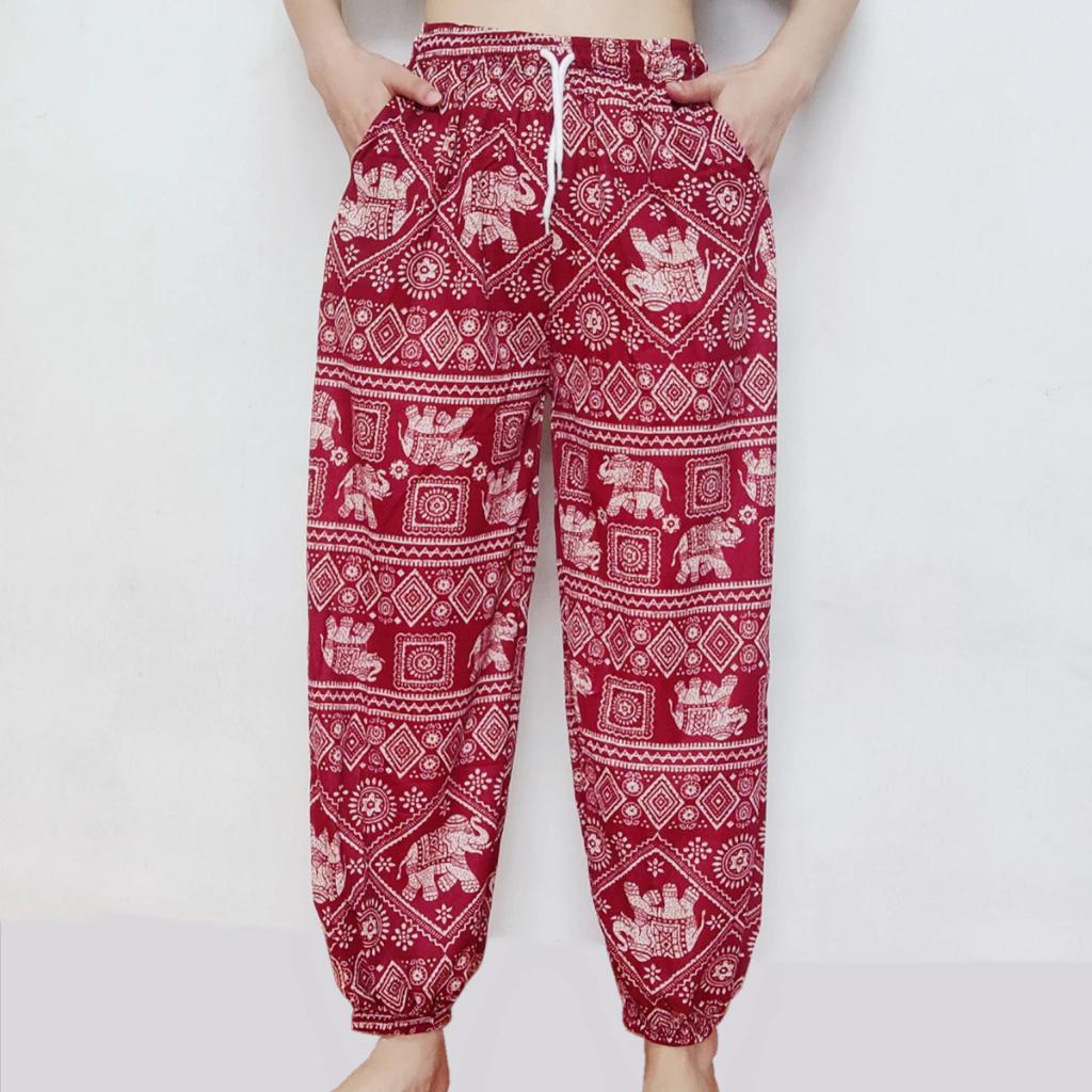 Elephant Jump Pants Pocket Adjustable Elastic High Waistband Strap Unisex Man Women Print Thailand Casual Streetwear Beach Bohemian Retro Vintage