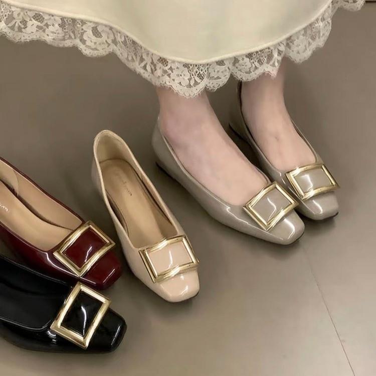Temperament small square head fairy wind metal buckle light mouth small leather shoes women 2025 new soft sole thick heel commuting grandma shoes