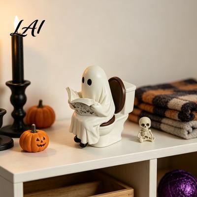 Decorative Ghost Sculpture Cute Halloween Figurine Reading On Toilet Resin Statue Desk Ornament Funny for Tiered Tray Tabletop Mantel Decor Creative