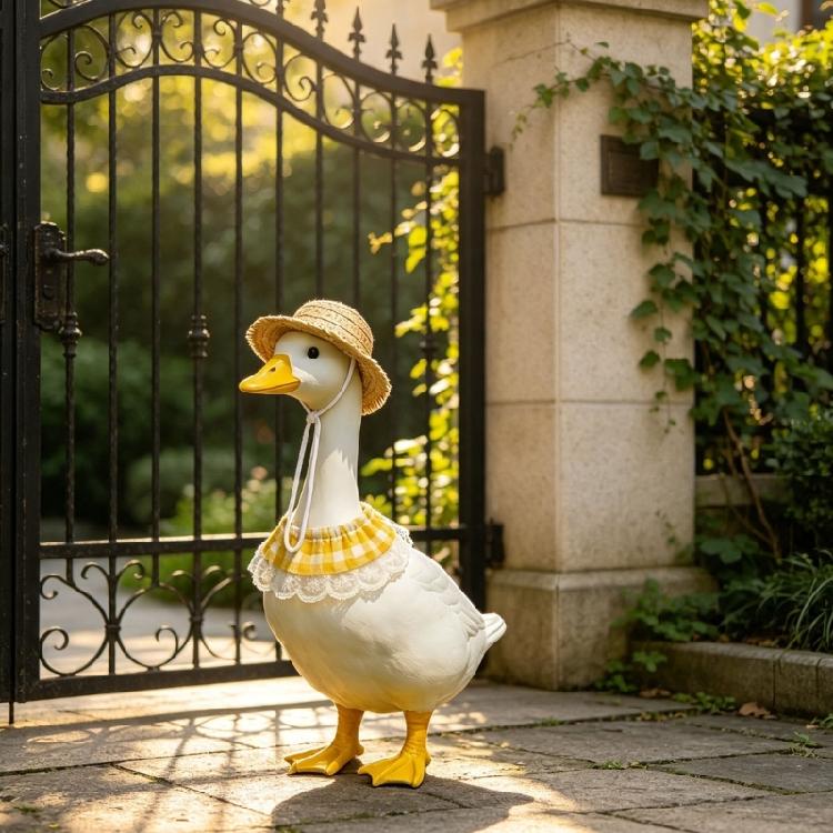 Entryway Geese Display Outfit Set With Matched Hat and Patterned Collar for Country Porch Styling and Shelf Accent