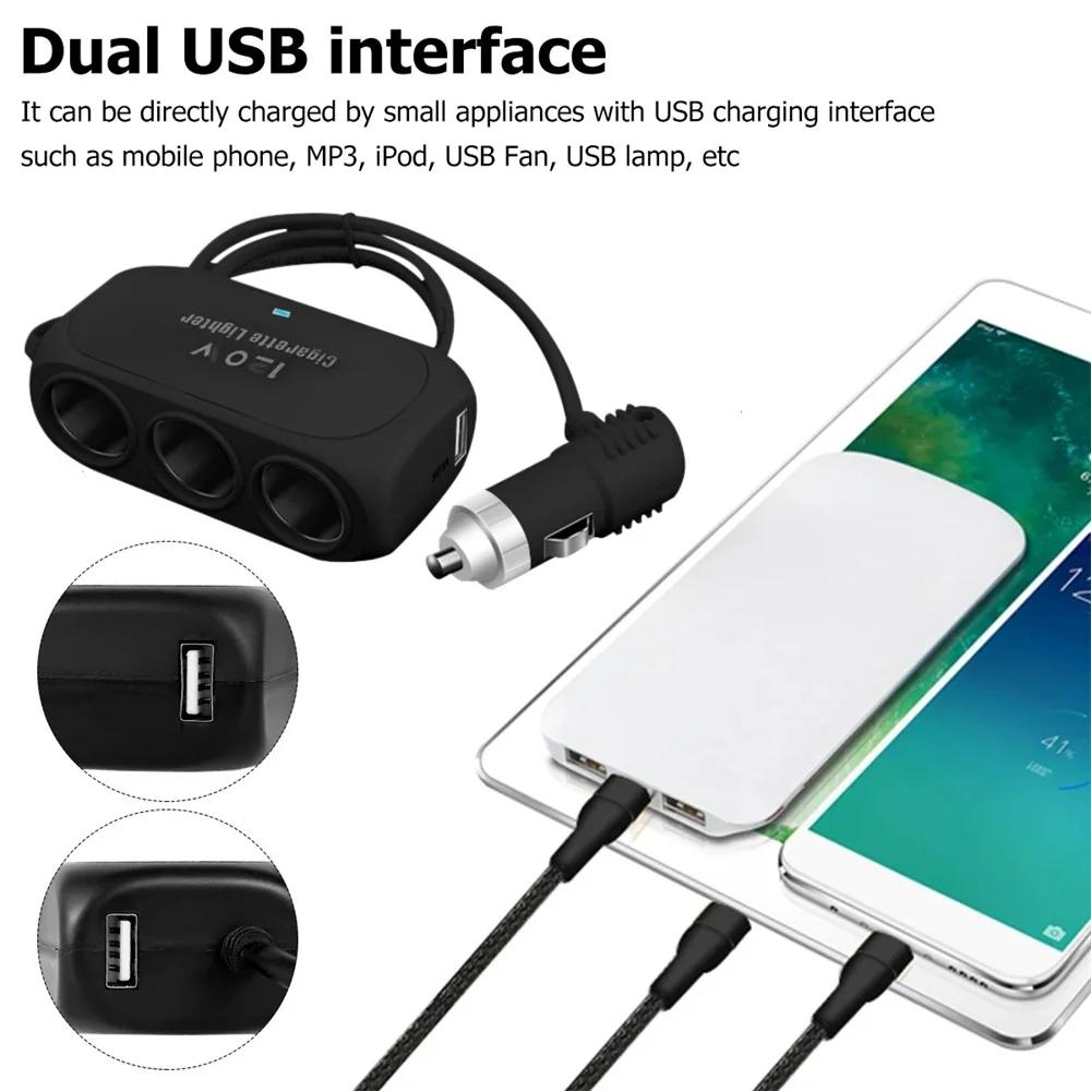 3 In 1 Dual USB Car Cigarette Lighter Splitter Fast Charging Car Phone Charger 12V 24V Auto Charger Adapter for Car DVR Dashcam