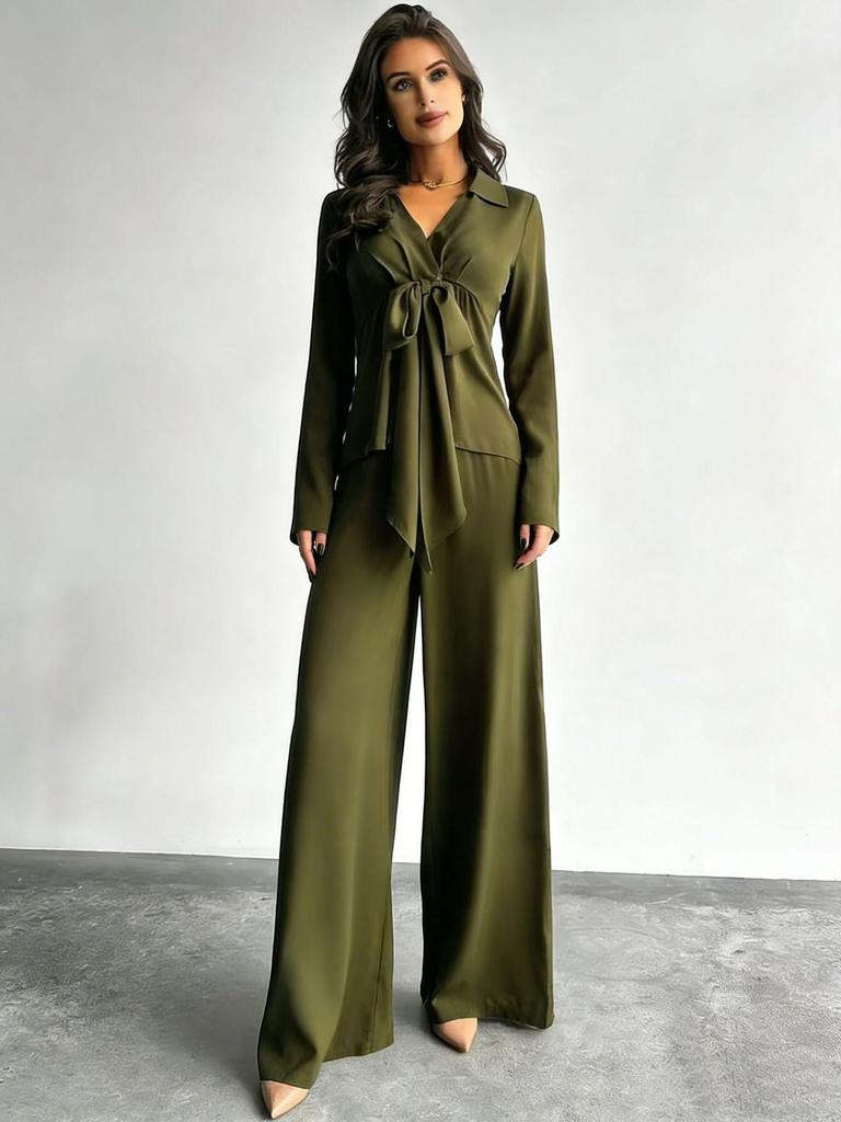 2025 Women's Autumn Casual Set: Solid Color Drawstring Top & Wide-Leg Pants