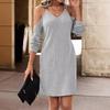 Women Spring Autumn Long Sleeve V Neck Off Shoulder Solid Color Pit Package Hip One Piece Dress