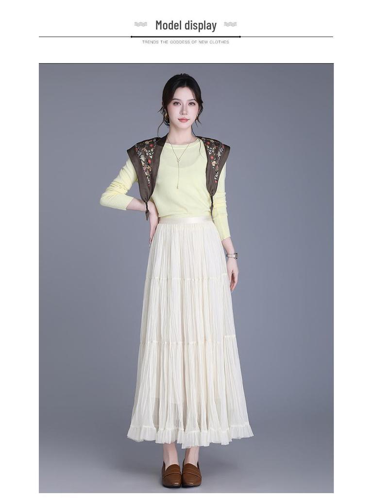 Women's 2026 Retro Ruffled Pleated Mesh Skirt - Slimming Elastic Waist, Early Spring