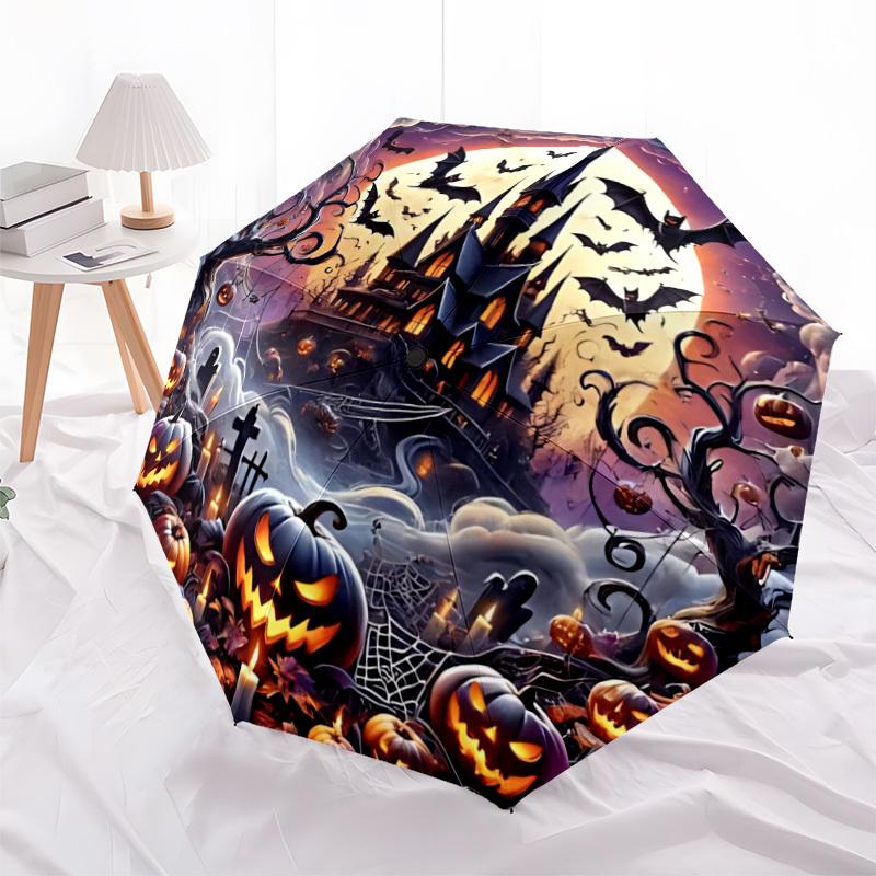 1pc Halloween Castle Automatic Folding Umbrella, Sturdy And Durable Automatic Folding Umbrella with 8 Ribs, Convenient for Outdoor Use138