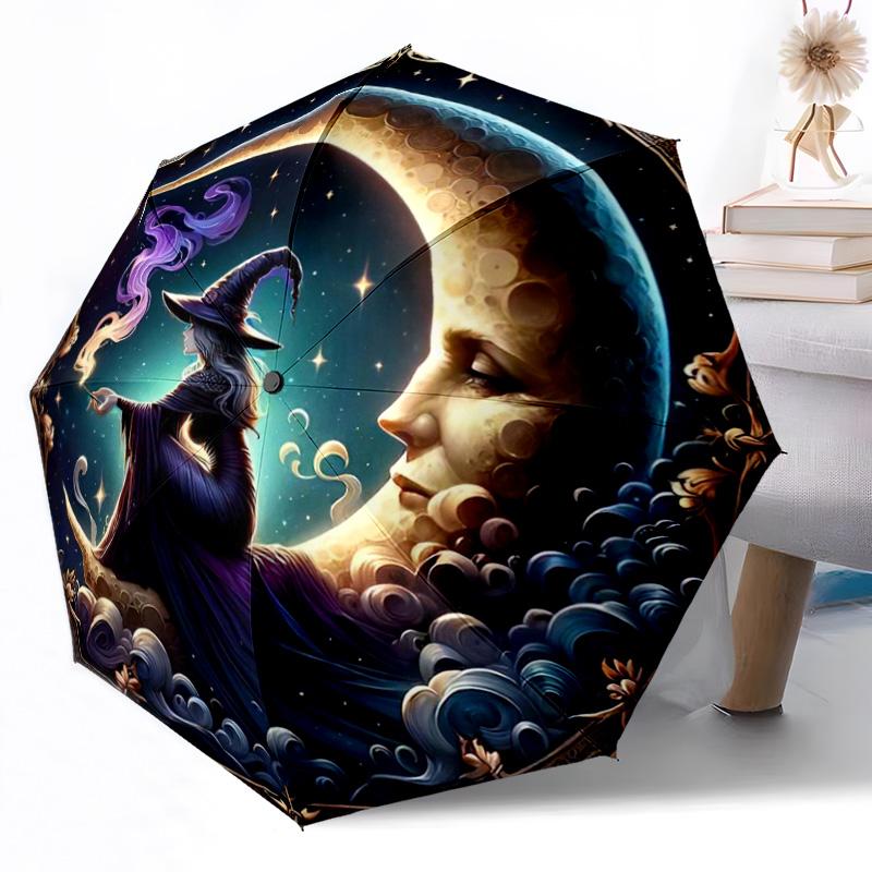 Hexe auf Besen bei Nacht Tragbarer Automatischer Regenschirm Faltbarer Regenschirm mit 8 Speichen Langlebiger Kunststoff & Eisen für Damen/Herren Eleganter Damenschirm