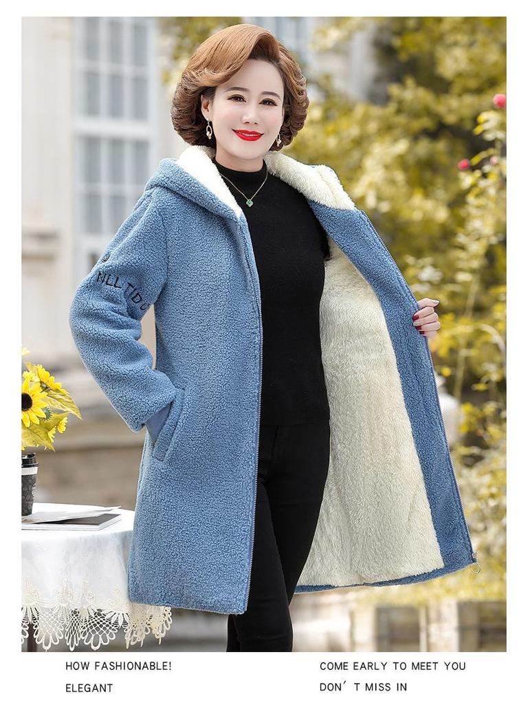 Dámský zimní kabát z jehněčí vlny: Stylová, teplá bunda s kapucí pro střední věk a seniory