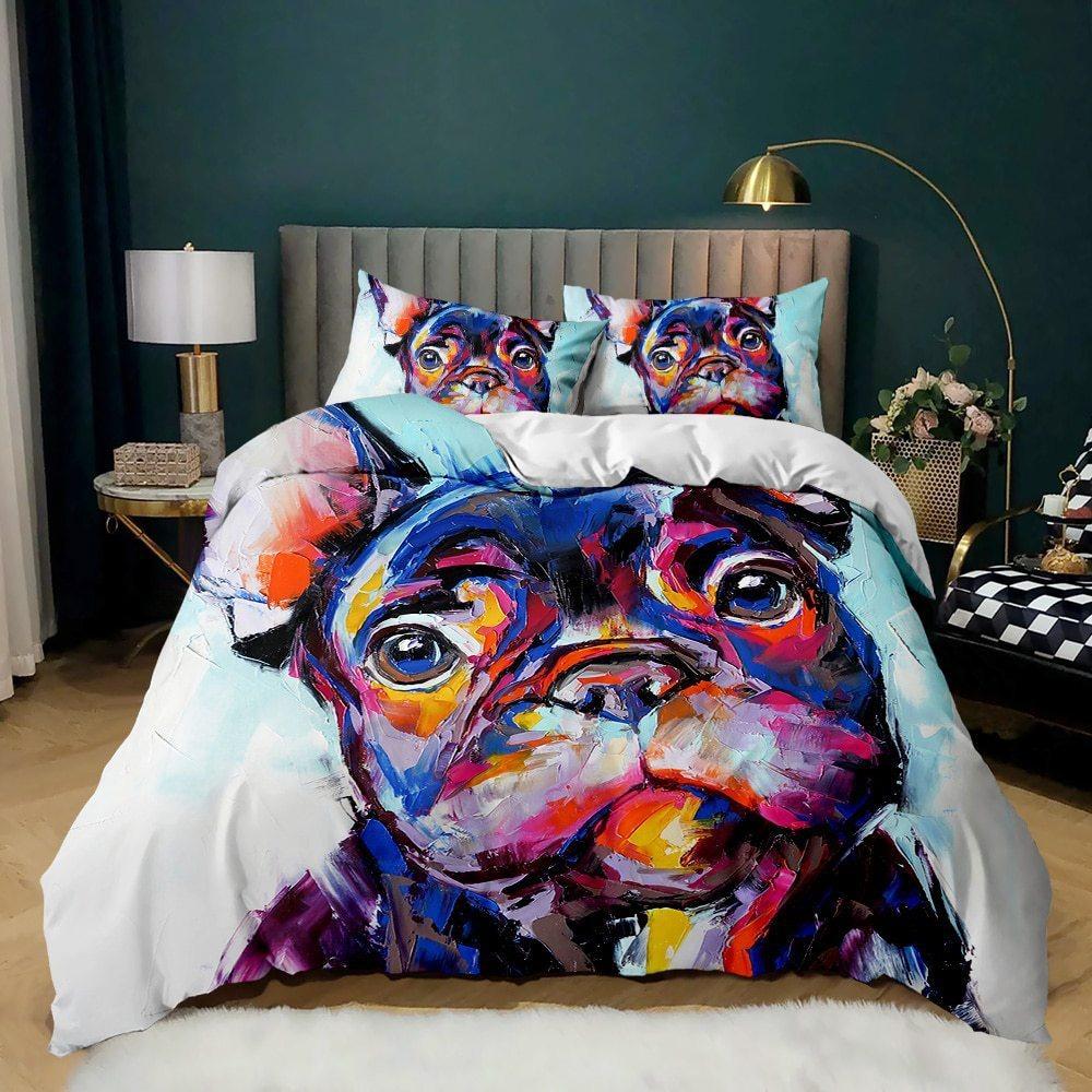 Cute Cartoon Dog Bedding Sets Spotted Dog Bulldog Comforter Bed Cover Duvet Cover Pillow Case 2-3 Pieces Sets Kids Adult Size