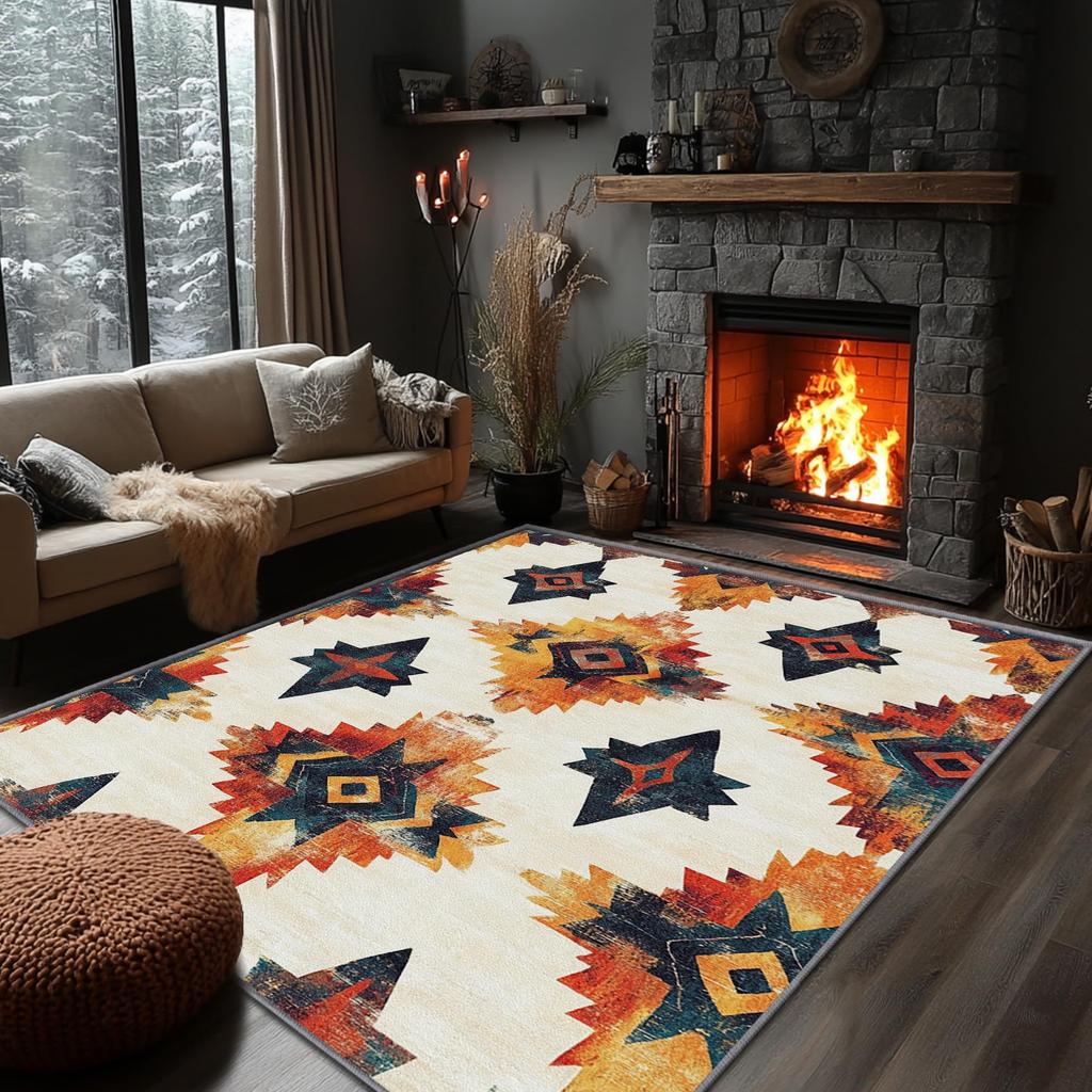 Southwestern Aztec Star Print Area Rug, Turquoise & Orange Tribal Design Non-Slip Floor Mat for Living Room Bedroom Home Decor