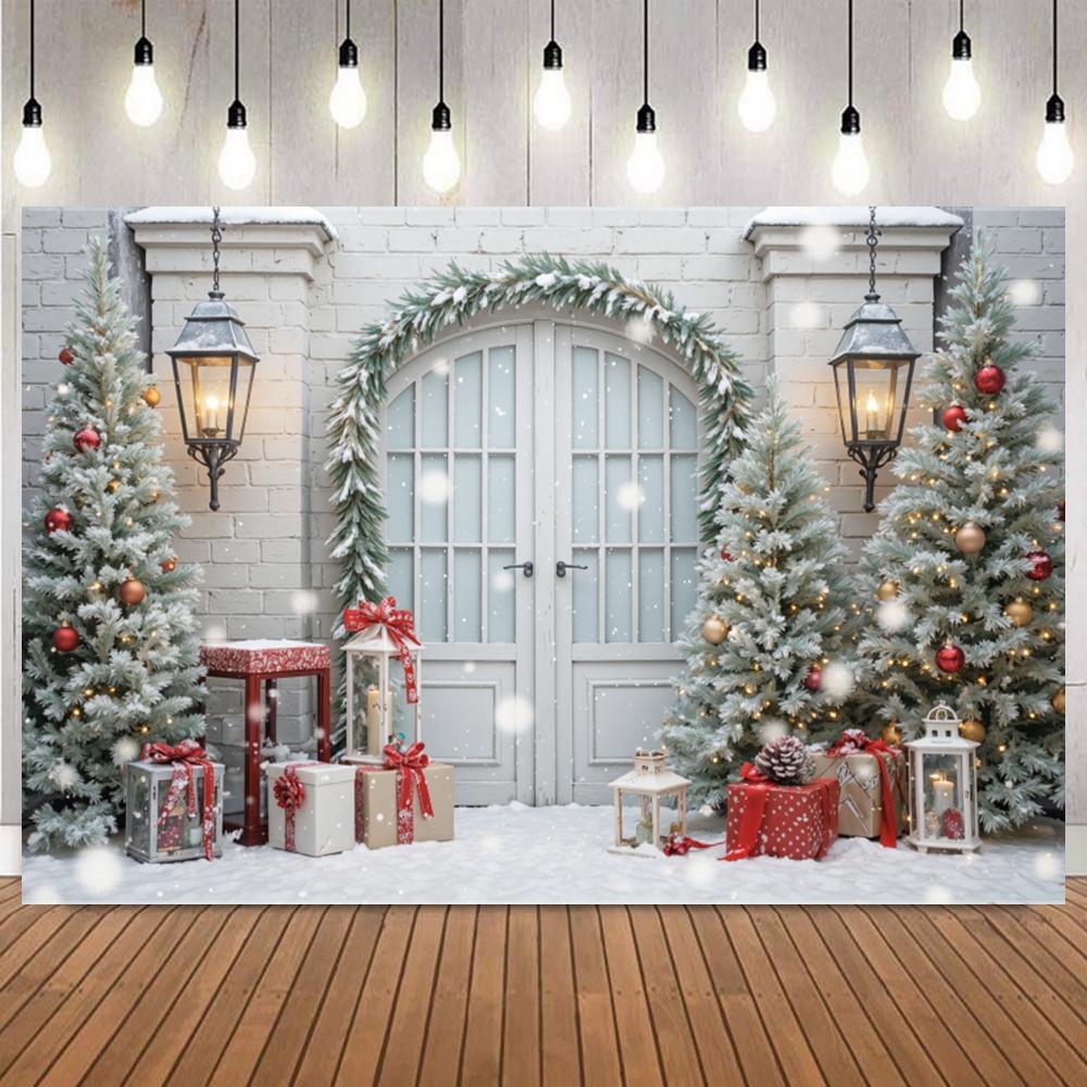 Winter Christmas Photography Background Window Curtain Fireplace Snow Xmas Tree Kids Family Portrait Home Decor Photo Backdrop7