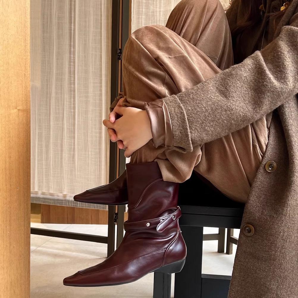 Cowhide version~ 2025 new Korean version leather pointed western cowboy boots women's thick heel buckle short knight boots