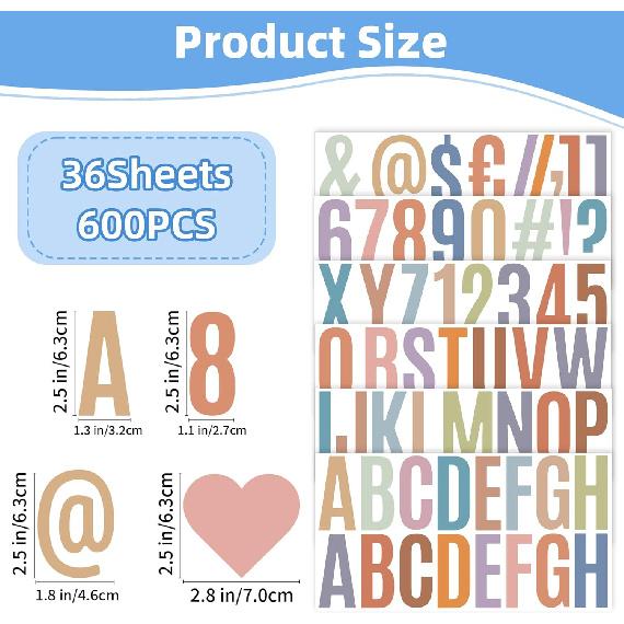 600Pcs Pastel Vinyl Letter Stickers, 36 Sheets, 2.5inch, Alphabet, Number, Symbols, Bulletin Board, Poster Board, Classroom Decor