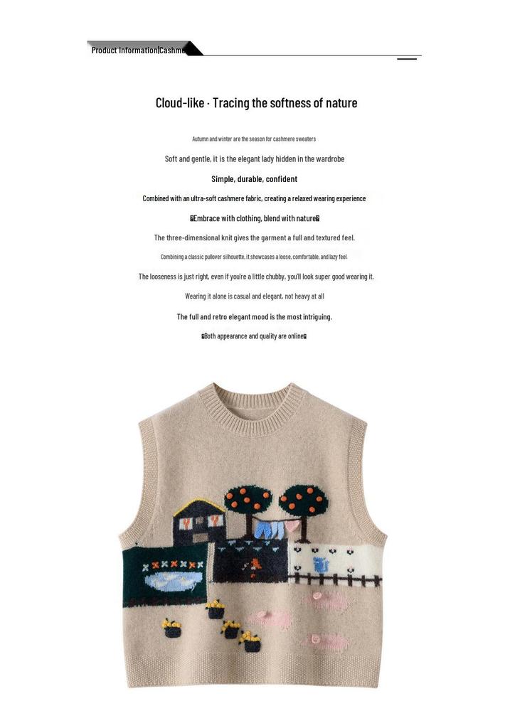 Spring & Autumn Hand-Knitted Sleeveless Cashmere Jacquard Vest - Retro Round Neck, Loose Fit