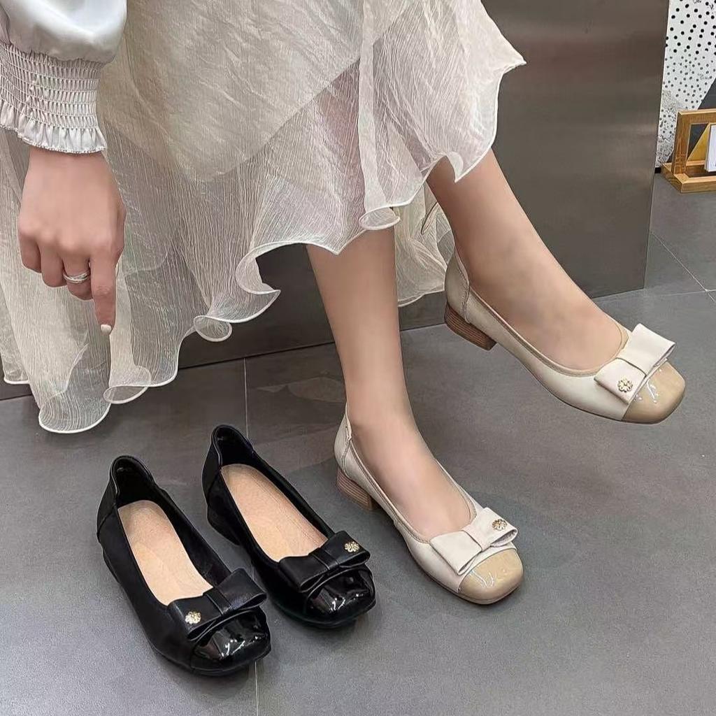 Medium-heeled single shoes women's new leather one-pedal versatile soft-soled shallow-mouth low-heeled single shoes