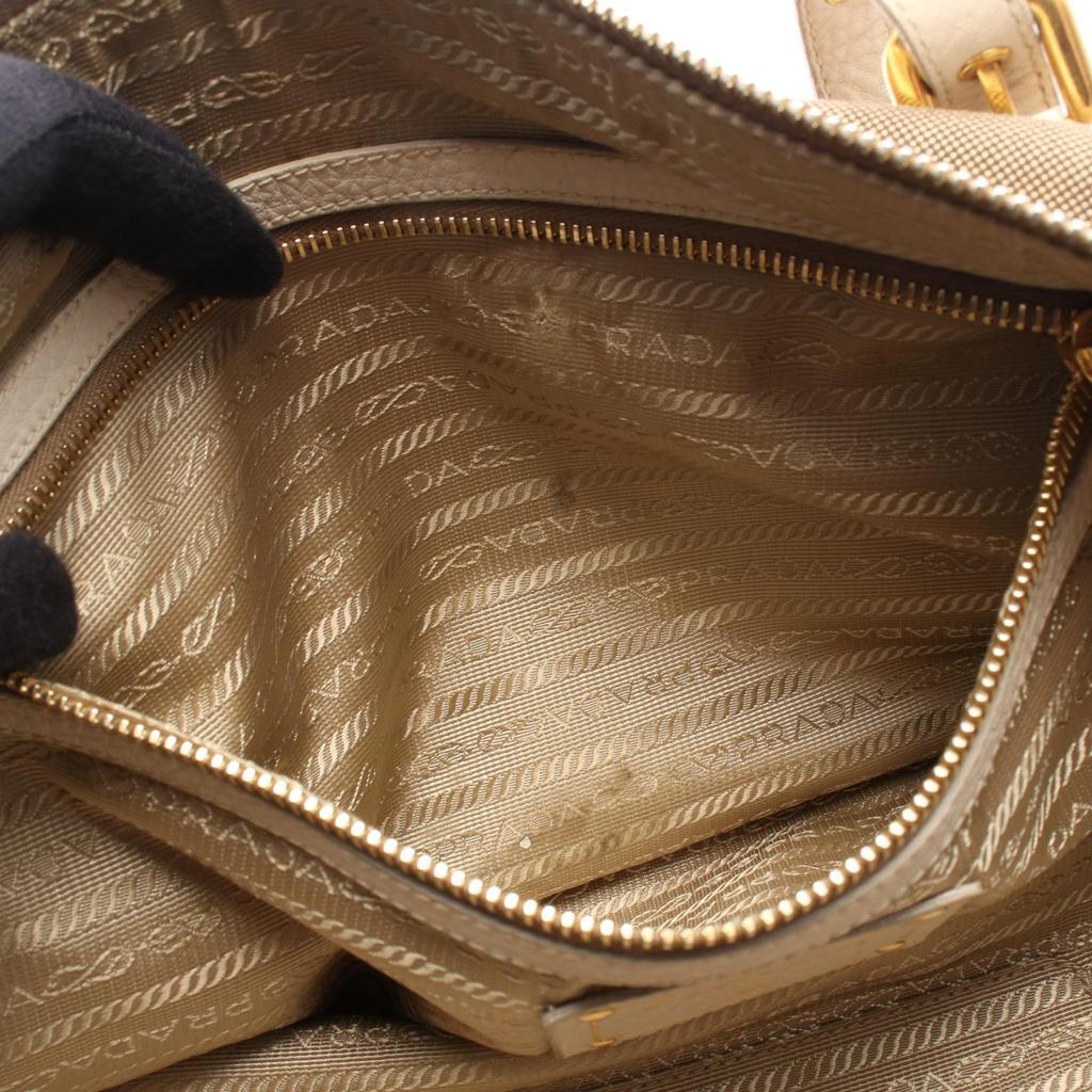 Used PRADA LOGO JACQUARD Logo Jacquard Tote Bag Canvas Leather Khaki Beige Used Women