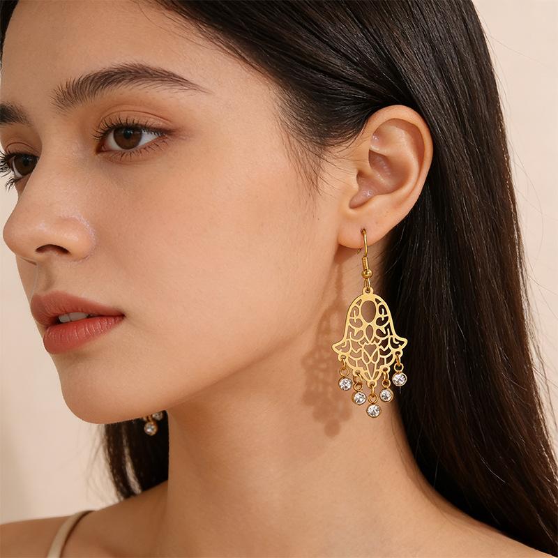 Fashion Titanium and Steel Earrings, Hand-set with Diamonds, Hollowed-out Stainless Steel Earrings, Luxurious and Exquisite Earrings White diamond