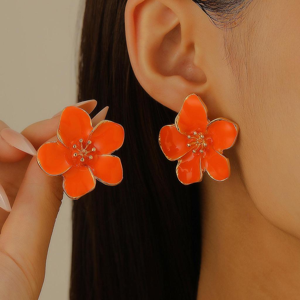 Colorful Drip Oil Flower Stud Earrings - Simple Double-Layer Petal Design for Women, Perfect for Spring and Summer