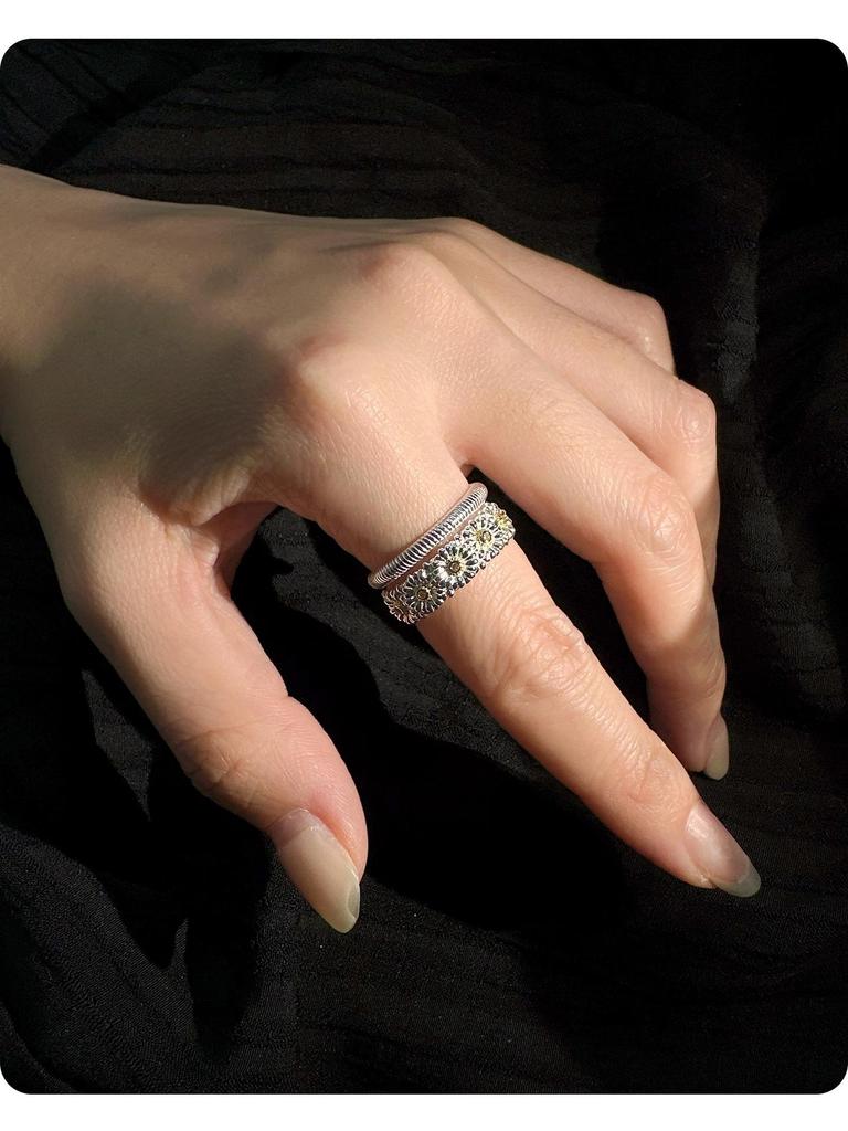 S925 Sterling Silver Korean-Style Retro Daisy Adjustable Ring