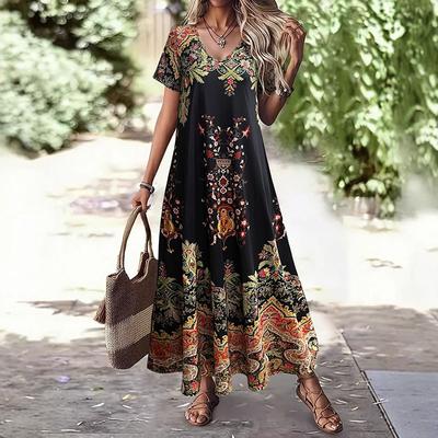 Bohemian V-Neck Short Sleeve Maxi Dress – Flowy Boho Printed Long Dress for Women, Casual Summer Sundress with Ethnic Floral Pattern