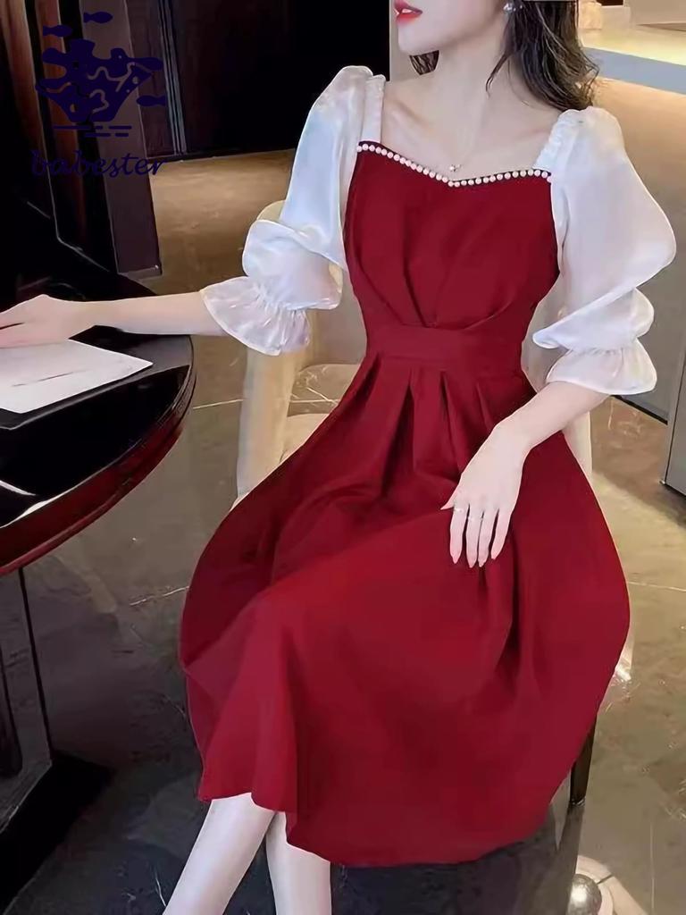 Babestar Party Size Perfect for and Dress, Lace, Knee-Length, Sleeved, Red, 5/8 Sleeves, L, Elegant, Cute, Slimming, Elegant, Stylish, Flattering,