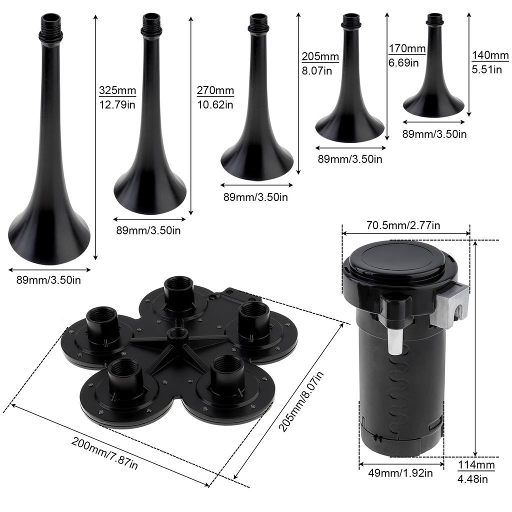 12V 185dB Super Loud Five Trumpet Musical Air Horn with Compressor Black for Trucks Cars