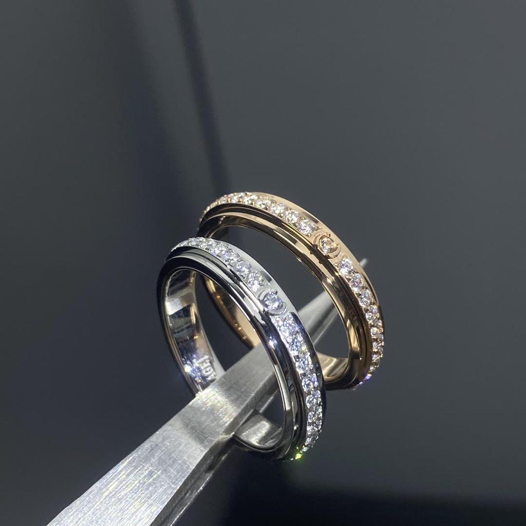 Bo Family 925 Sterling Silver Rotating Diamond-Inlaid Signature Ring Set - Double Row Full Diamond Couple Rings for Luck.