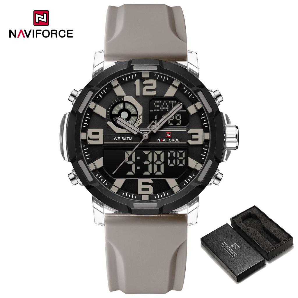 NAVIFORCE Original Men Dual Time Watch Quartz Movement LCD Digital Silicone Strap Waterproof Calendar Date Night Pattern Men Watch NF7130