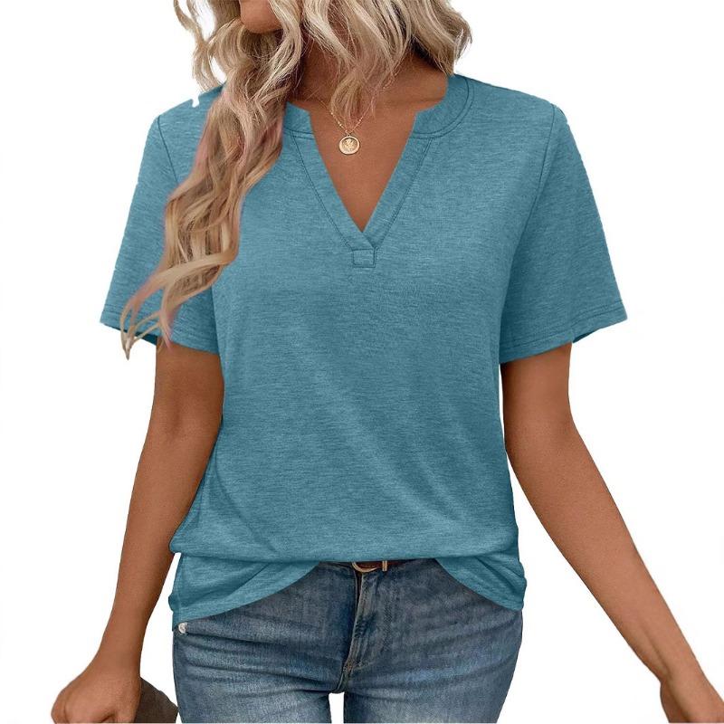 Women Casual Solid Color V Neck Loose Short Sleeve T Shirt Top