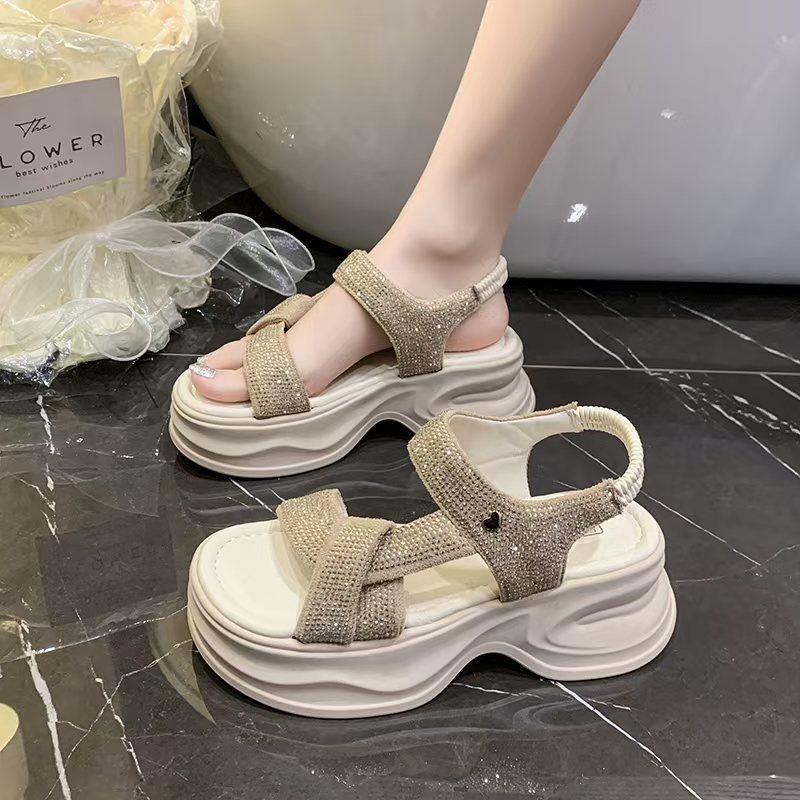 Black Rhinestone Sandals Women's New Summer Wear Heightening Muffin Thick Sole Super Fire Beautiful Roman Summer Women's Shoes